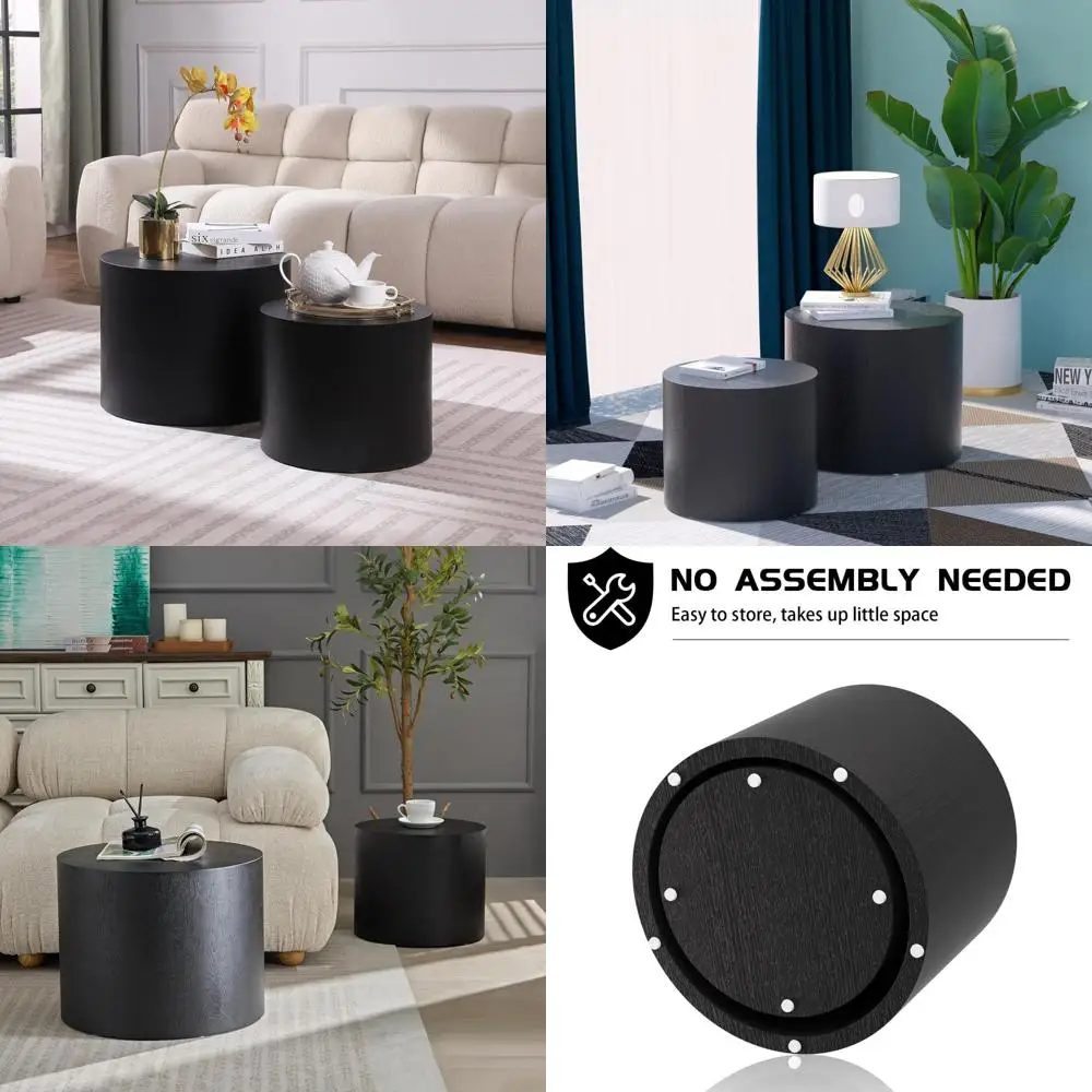 Par de mesas de centro redondas: mesas aninhadas de madeira e mesa lateral de tambor pequeno para espaços vivos e escritórios