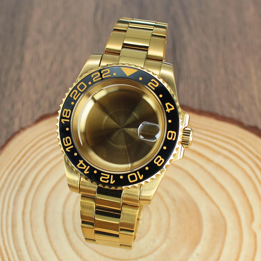 

40MM NH35 Gold pvd Watch Case Sapphire Crystal glass For NH35 NH36 NH34 NH38 Miyota8215 Eta2824 PT5000 GMT SUB Watch Accessories