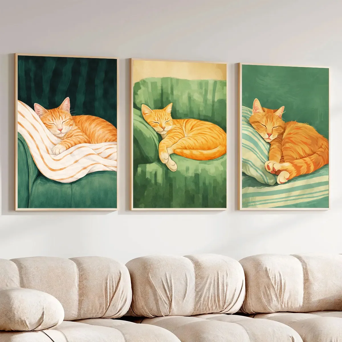 Large-sized frameless  3PCS Cute Orange Cat Sleeping Art Poster  Lazy Cat Wall Art  Animal Wall Decoration Print  Canvas