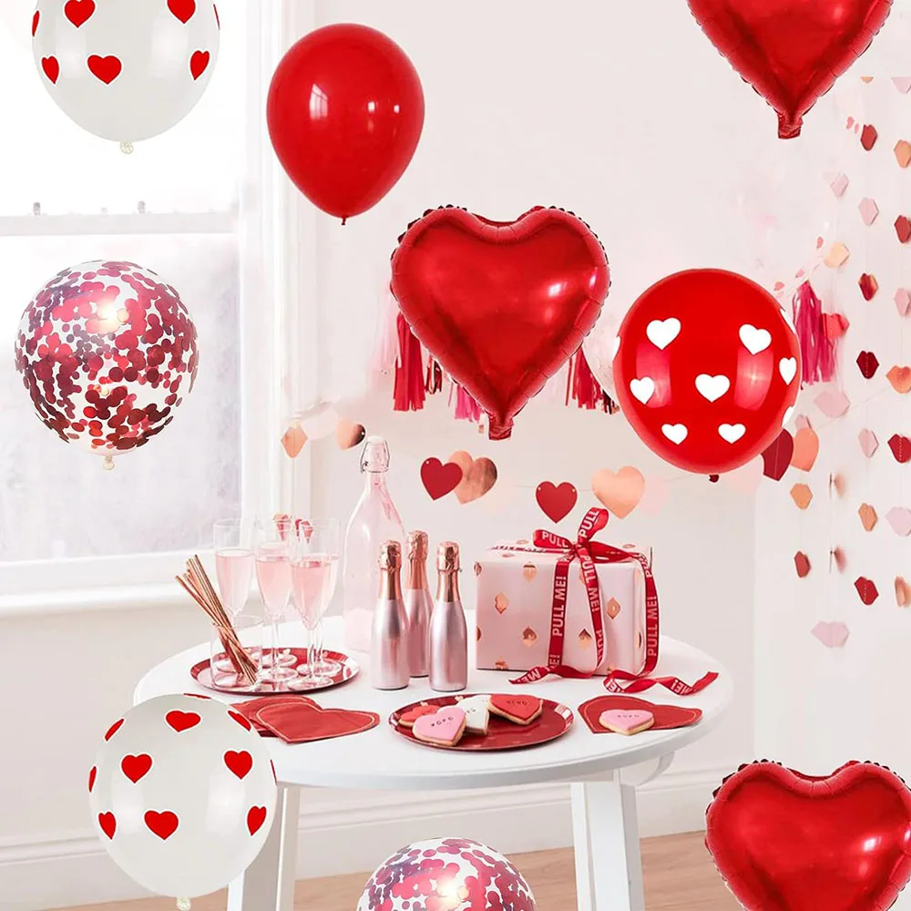 Valentine Heart Balloon Set,42pcs 30.48cm Red White Heart Print Latex Balloon Confetti Balloon 45.72cm Heart Balloon with Ribbon for Valentine Wedding Engagement Birthday Decor