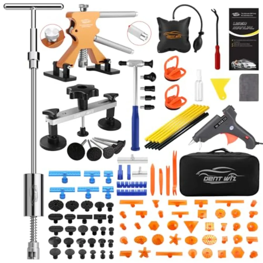 

Car dent repair kit for hail damage and door dings: aluminum PDR hammer 100W hot glue gun suction cup enhanced glue tabs black