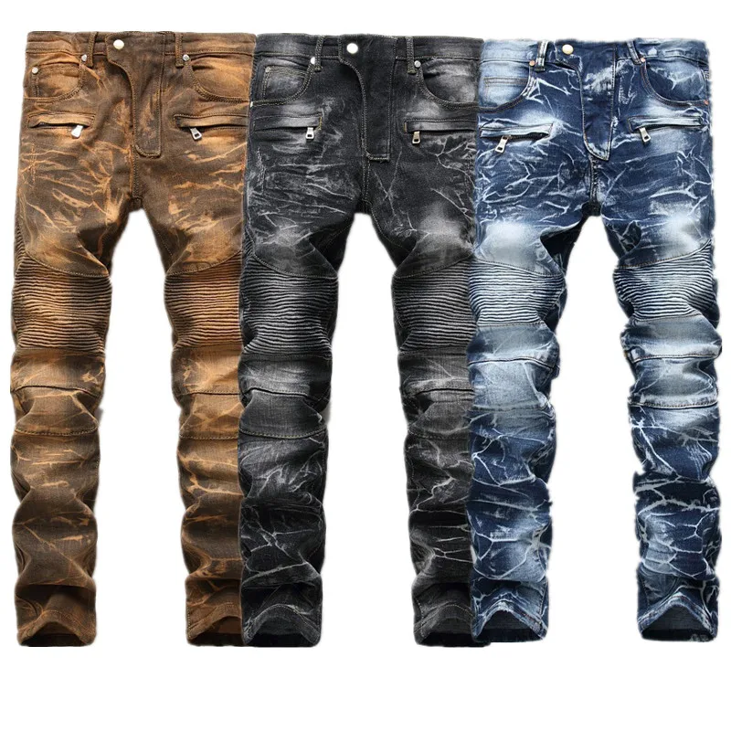 Men's Vintage-style Jeans Crafted Frompurecotton Fabricfeaturing A Fashionable Crinkled Effect That Showcases ADistinctive Style
