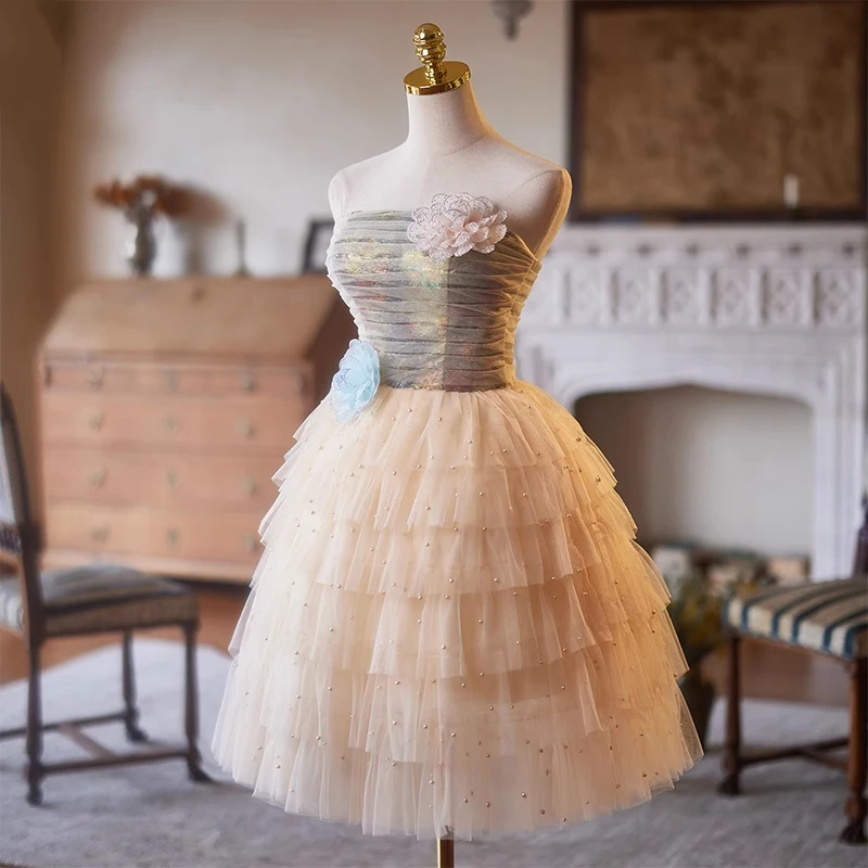 AnXin SH vintage princesa champanhe renda sem alças miçangas pérolas sem mangas rendas até vestido de noite personalizado pequeno vestido preto