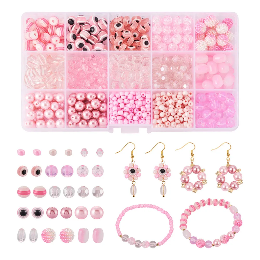 

1Set DIY Beaded Dangle Earring Pendant Decoration Making Kit Including Pink Acrylic Glas Seed Beads Evil Eye Links Pendnats