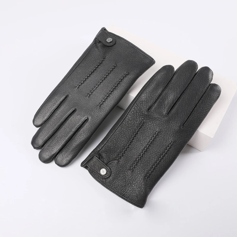 Gants en cuir véritable pour hommes, automne-hiver Plus velours thermique épais en fausse peau de cerf, gants en peau de mouton pour écran tactile