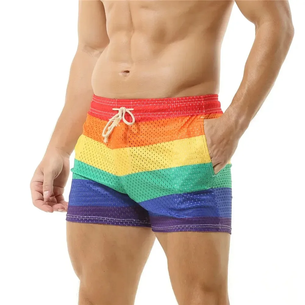 Rainbow Striped Men's Loose Lounge Homewear Mesh Breathable Casual Short Pants with Pockets Fitness Sport Running Workout Shorts