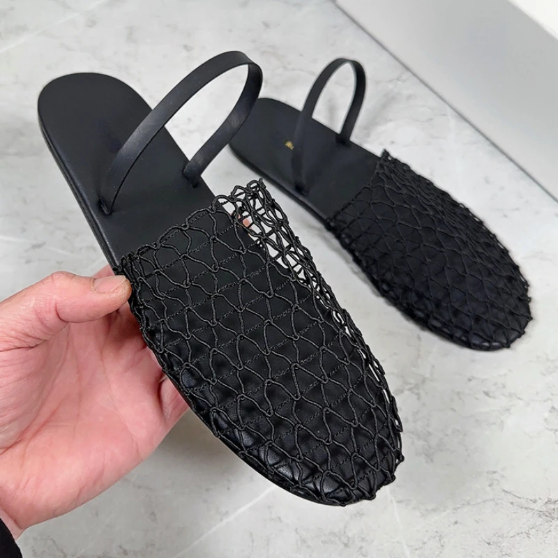 Flat Fishing Net Sandals Female Breathable Branded Designer Sandals Women Woven Roman Sandals Skeleton Mesh Mule Slippers Women