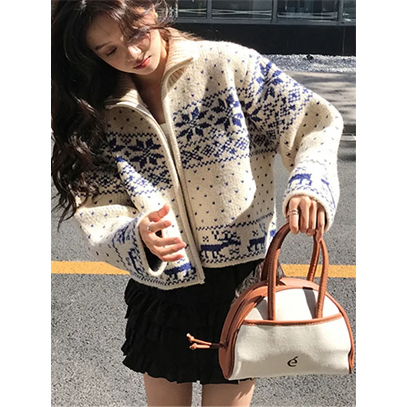 

Tassel Patchwork Printed Cardigan Women Geometric Patterns Belts V-neck Long Sleeve Knitted Street Lady Sweater Autumn Coat