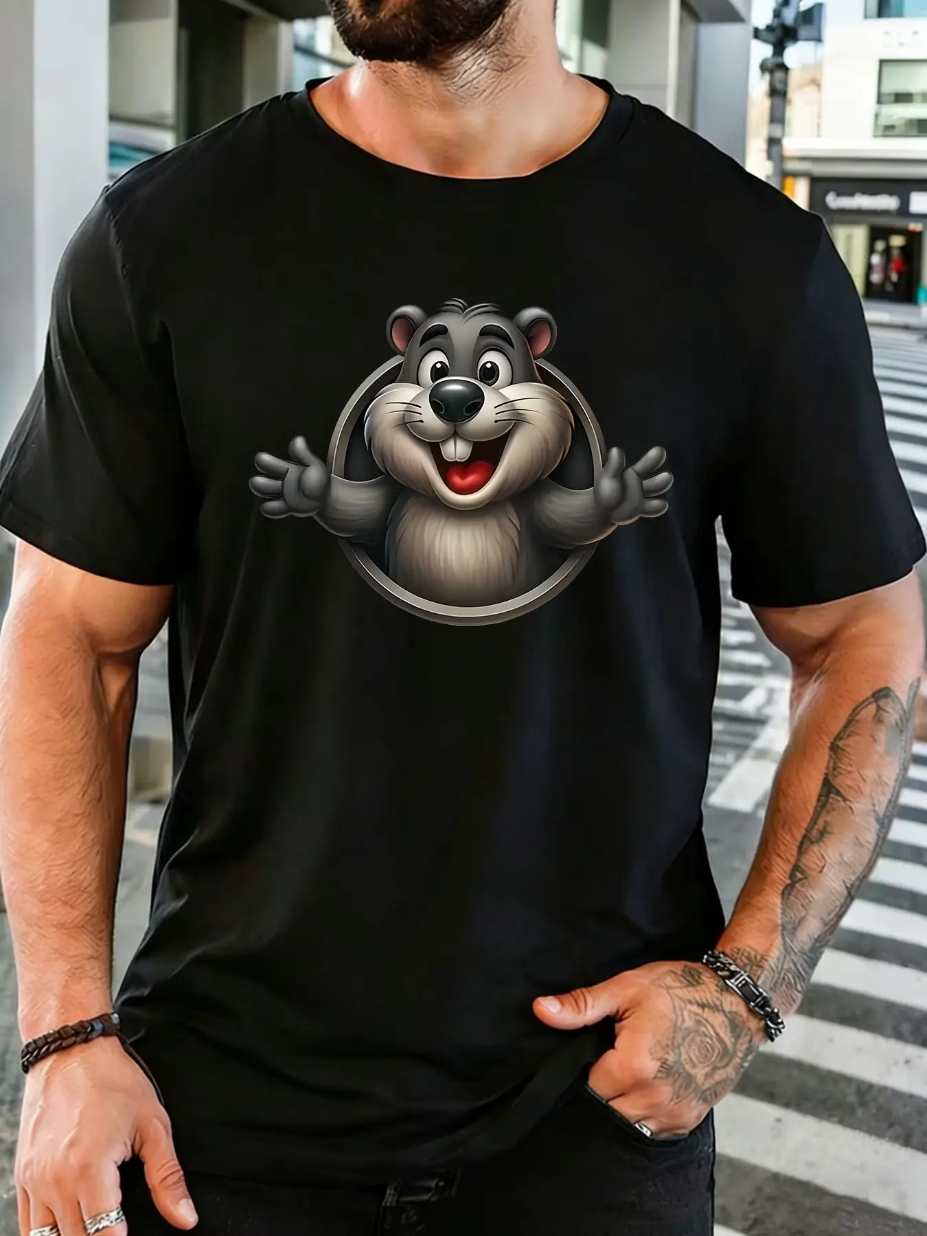 Male White Round Neck T Shirt Cheerful Smiling Marmot Burst Out Circle Frame Big Front Tees Vivid Animal Graphic Daily Cotton Te