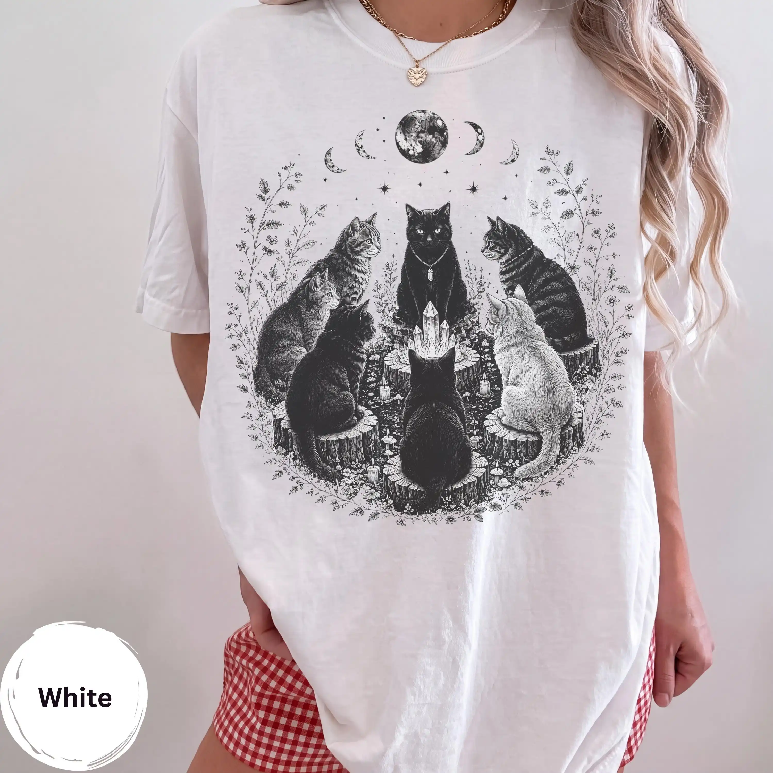 Cat Coven T-Shirt, Mystical Black Cat Tee, Witchy Moon Phase Shirt, Crystal Cats Graphic Tee, Gothic Cottagecore