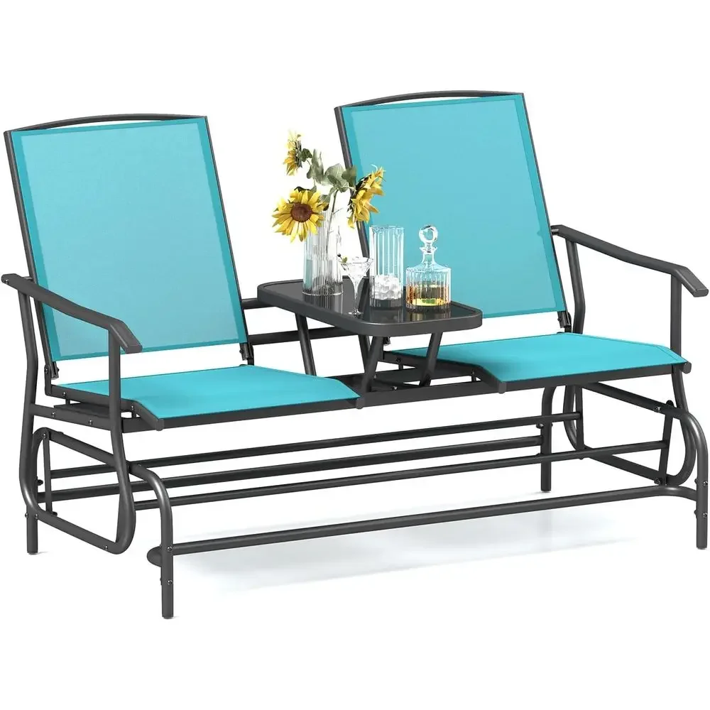 Turquoise 2-Person Swing Glider with Tempered Glass Table and Mesh Fabric for Outdoor Relaxation