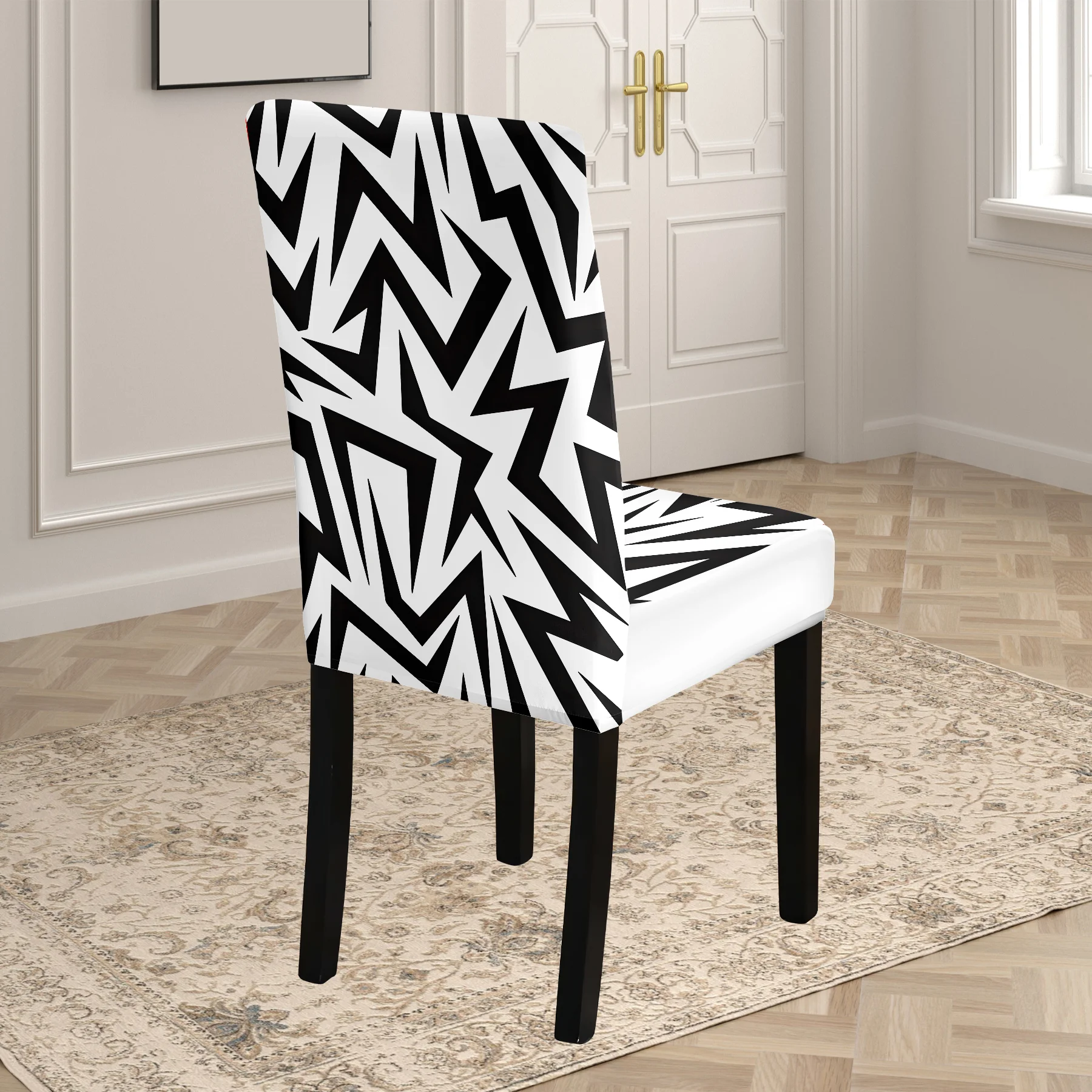 2026 New Elastic All - inclusive Chair Cover, Stylish Black - White Zigzag Pattern, Washable & Fade - Re