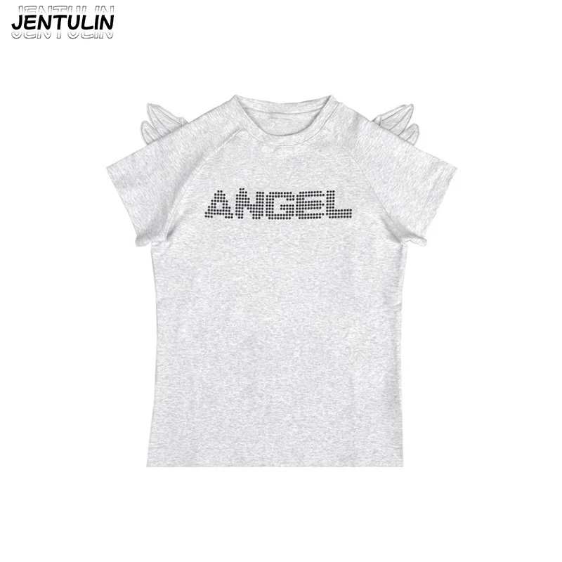 Sommerliches T-Shirt mit Engelsflügeln und Kollision-Motiv, Bequemes Weiß-Graues Kurzarm-Shirt, Niedliches Mädchen-Outfit, Y2k Sport-T-Shirt