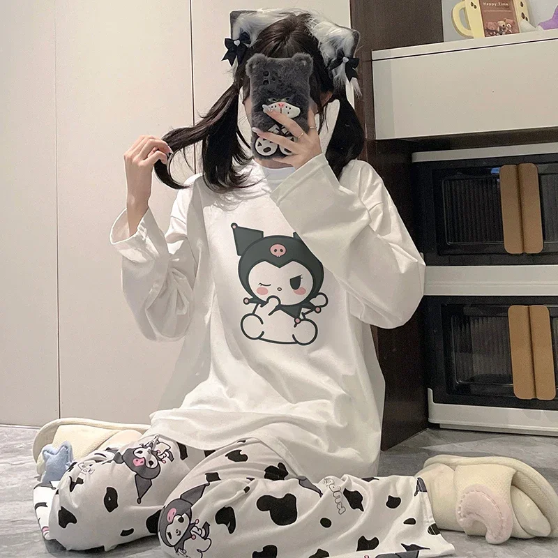 Sanrio Kulomi pajamas autumn women's pure cotton long-sleeved trousers cartoon casual silk pajamas women's HelloKitty loungewear