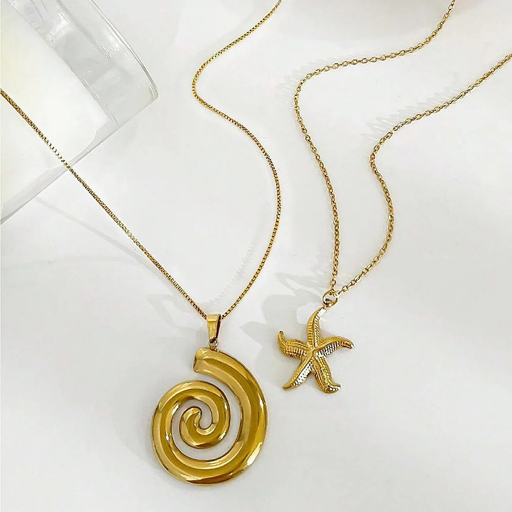 Stainless Steel Metal Hollow Vortex Spiral Starfish Pendant Necklace for Women Punk Hip-Hop Clavicle Chain Party Jewelry Gift