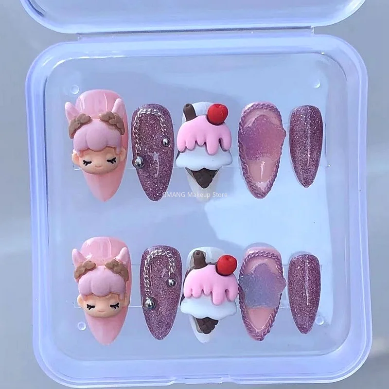 Handmade Kawaii 3D Cartoon Short False Nails Tips Y2K Press On Nails Art Long Coffin Stiletto Reusable Fake Nail With Glue Gift