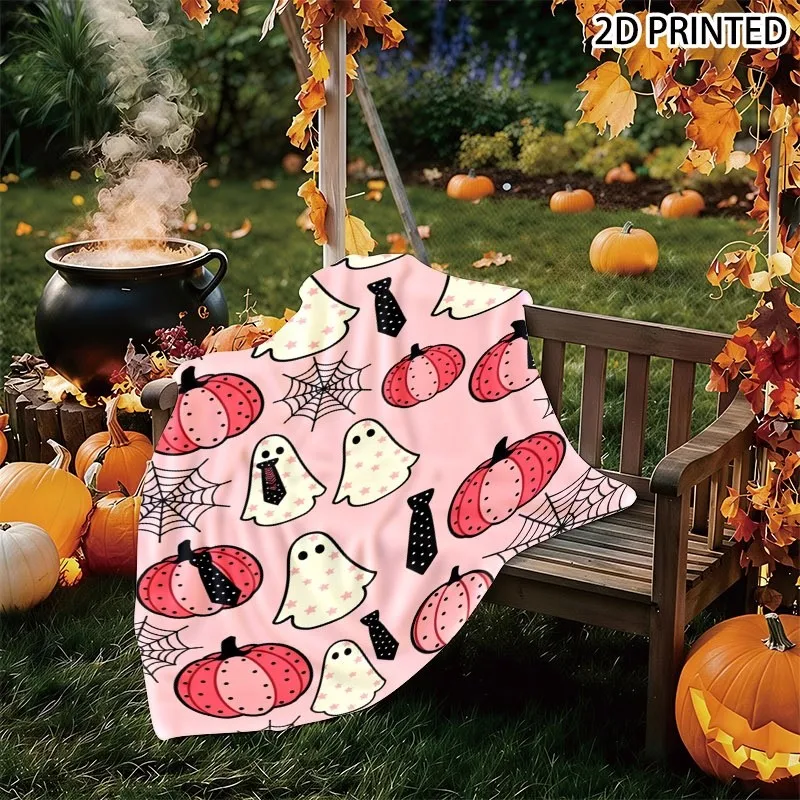 Playful Halloween Themed Throw Blanket with Cute Pink Background, Printed with Polka Dot Pumpkins, Star Patterns Ghosts And Spid