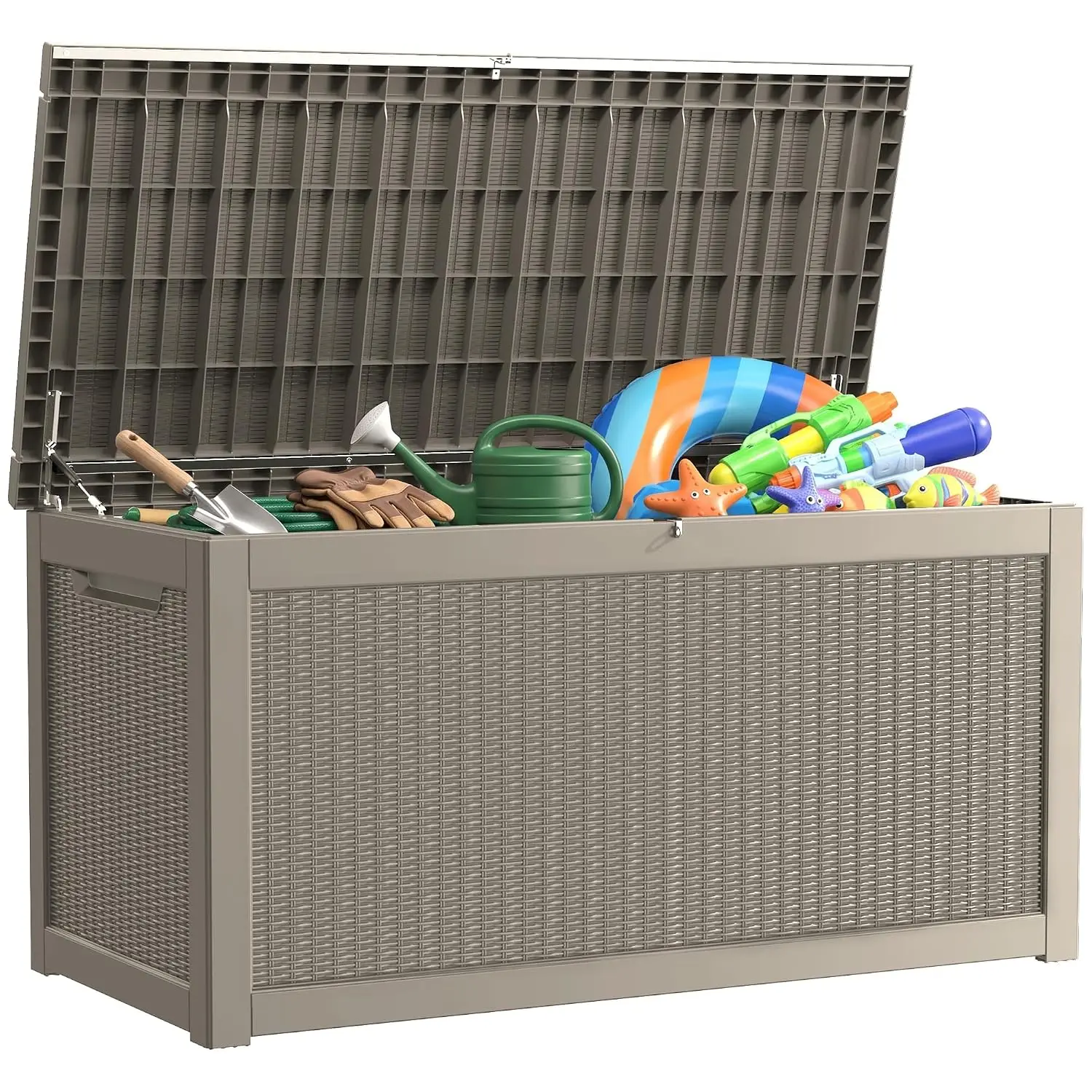 150 Gallon Outdoor Deck Box Waterproof, Large Storage Box for Patio, Resin Storage Bench Lockable for Garden Tools, Package Deli