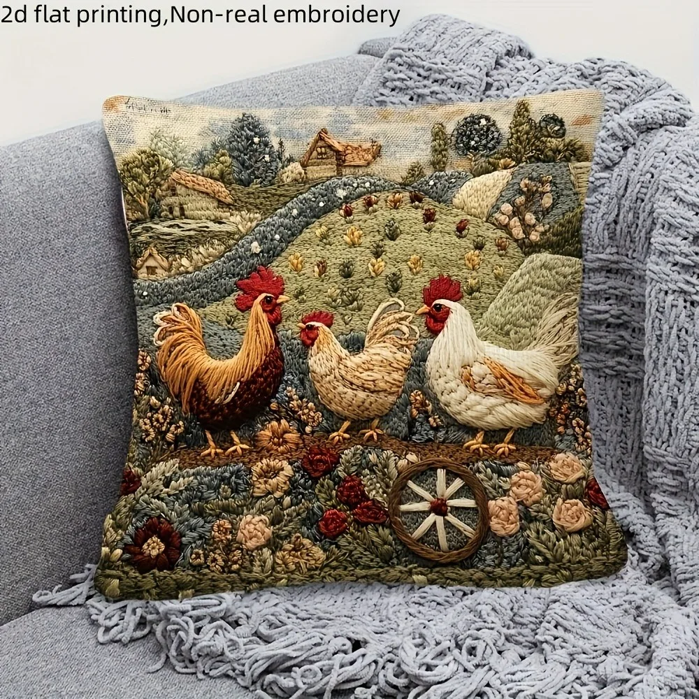 Farmyard Charm: 2D Flat-Printed Pillow with Stylish Chickens and Scenic Design Sofa cushion cover, home decoration, 2D printing