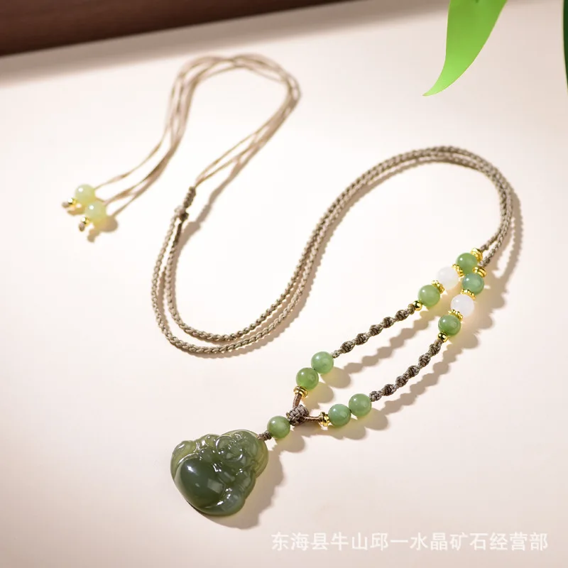 Natural Hetian Jade Laughing Buddha Pendant Chinese Traditional Good Luck Wealth Blessing Adjustable Braided Necklace Unisex Amu view 6