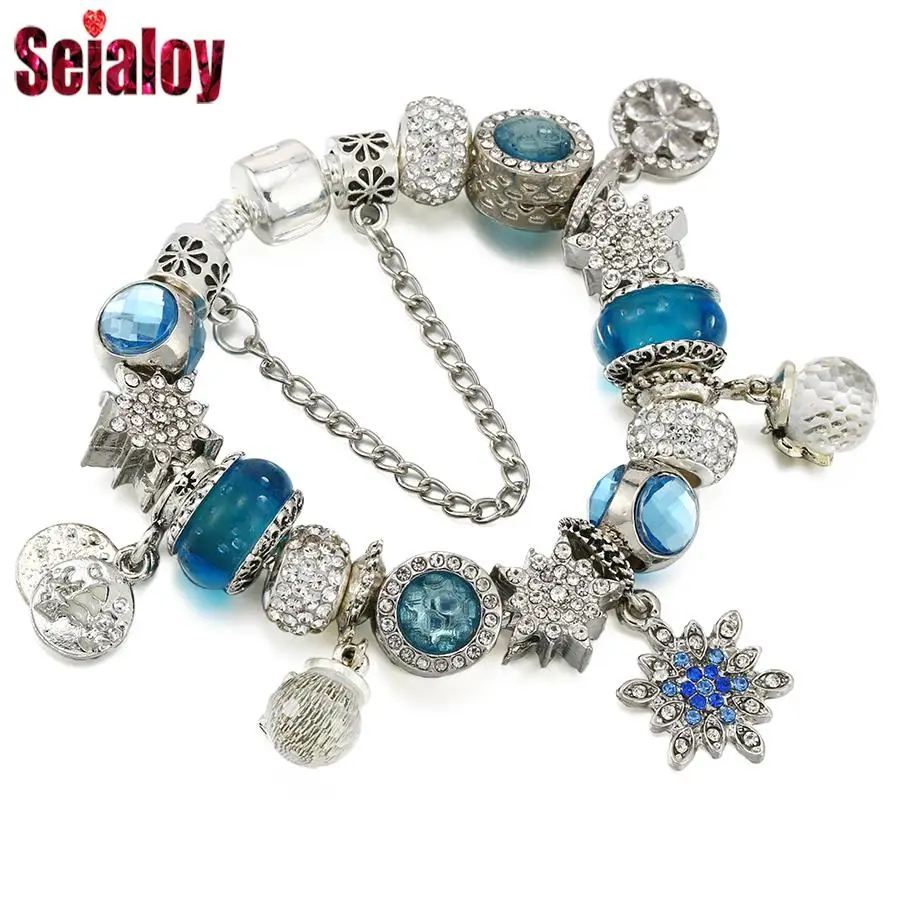 Seialoy Blue Crystal Snowflake Beads Christmas Snow Night Charm Bracelets For Women DIY Flower Bead Bracelet & Bangle Jewelry