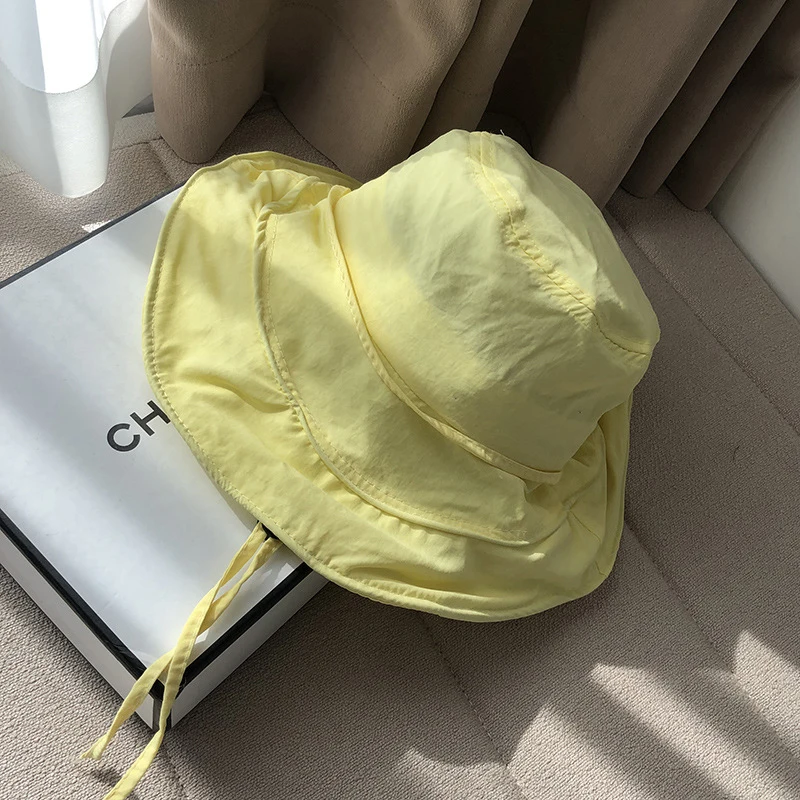 Korean Strap Bucket Cap for Women Large Brim Cotton Sun Protection Hat Summer Thin Quick-Drying Visors Girls Foldable Basin Hats