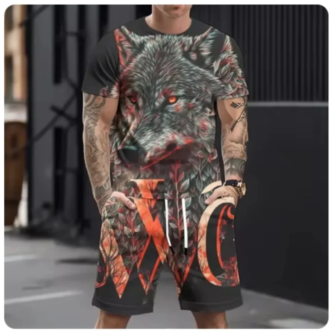 Hot-selling Men's Casual 3D Printed Wolf Pattern Sportswear Set, Super Loose Men's Top, Refreshing Style Summer Casual Breathabl