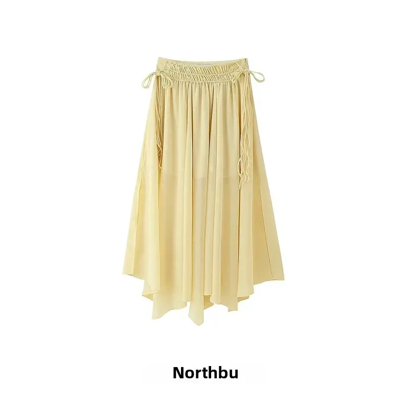PopPopWorkshop Women's Fashion New Arrival Summer Simple Versatile Sweet Rope Decorated Chiffon Halter Neck Mini Skirt
