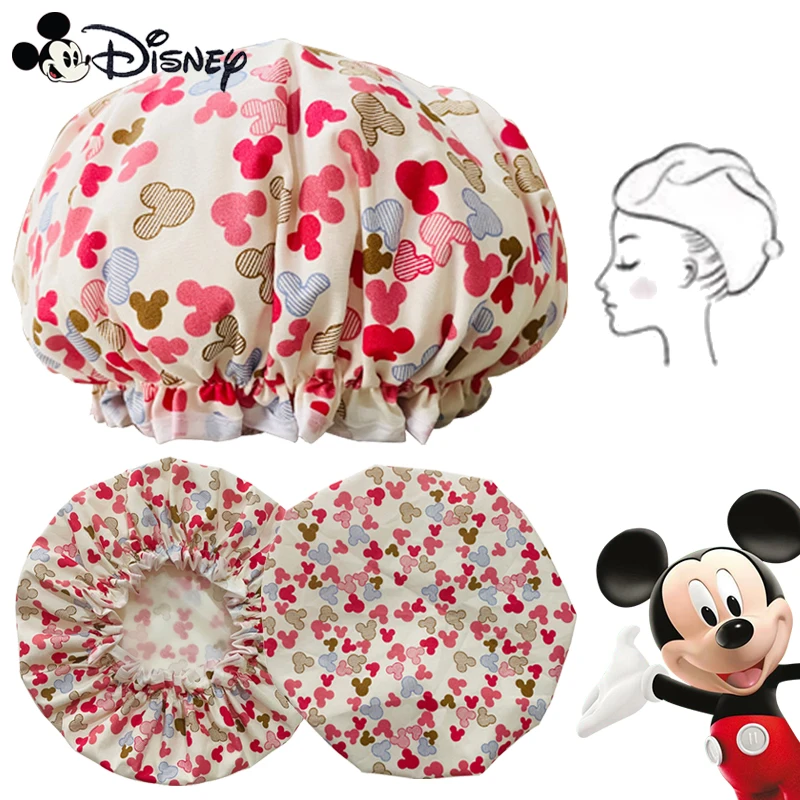 Cartoon Disney Mickey Mouse Shower Caps for Women Bathroom Double Tier Shower Cap Hair Protection Caps Cute Girls Hair Wrap Gift