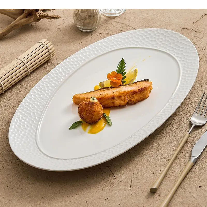 

Irregular Texture Ceramic Fish Plate Restaurant Pure White Shallow Dessert Sushi Plates Specialty Tableware