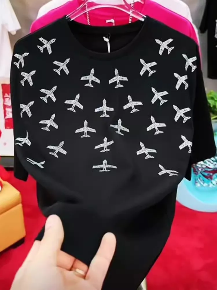 High Street Mens Shiny Diamonds Plane T-Shirt O Neck Short Sleeve Casual Tees Tops Summer Breathable Pullover Loose Fit T-Shirts