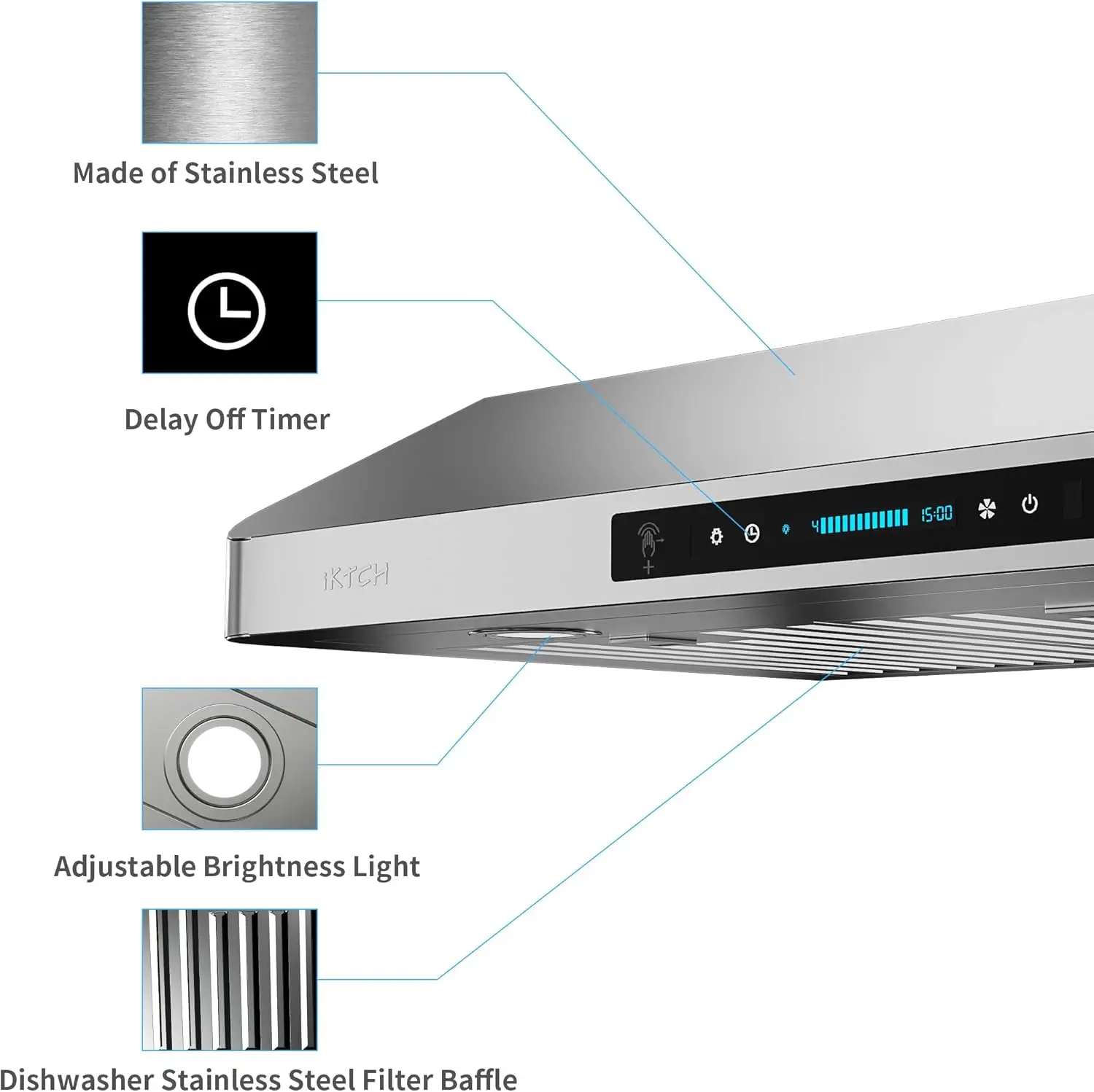 キャビネットレンジフード下のiktch、ステンレス鋼、4スピードジェスチャセンシング、タッチコントロールパネル、900 cfm、30インチ