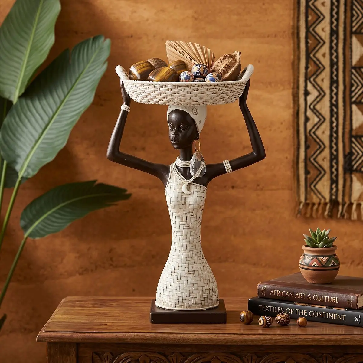 African Tribal Woman Resin Storage Statue, Black White Ethnic Lady Figurine Tabletop Jewelry Key Fruit Holder Home Decor Gift