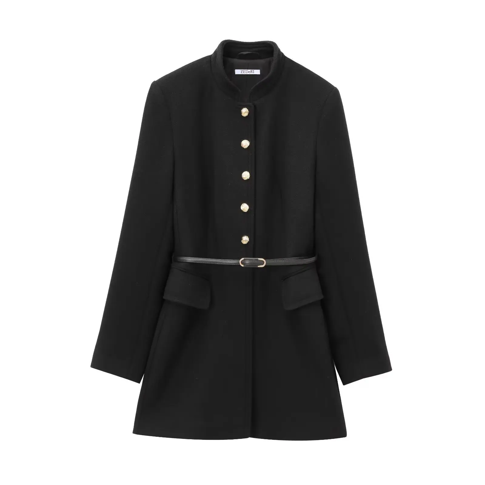 

Модное шерстяное пальто женское средней длины с воротником-стойкой и поясом, верхняя одежда, винтажное однотонное осеннее женское пальто