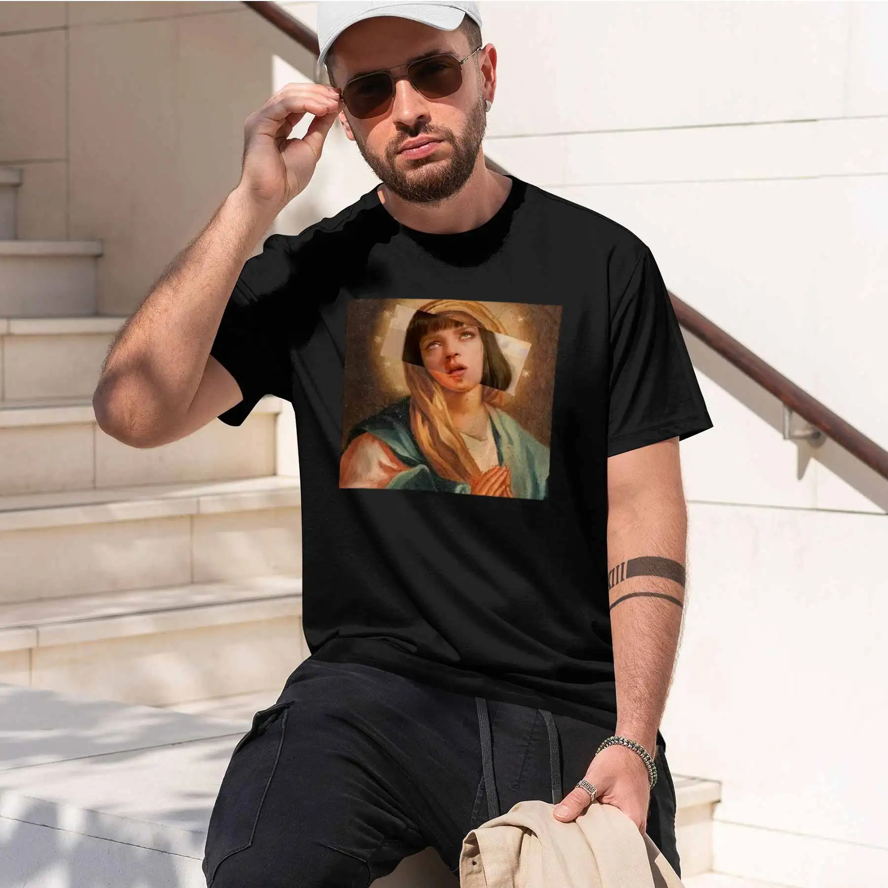 2026 new printed T-shirtMen's Pulp Fiction Uma Thurman Parody Virgin Mary Oil Painting Print T-Shirt Trendy Retro Tee