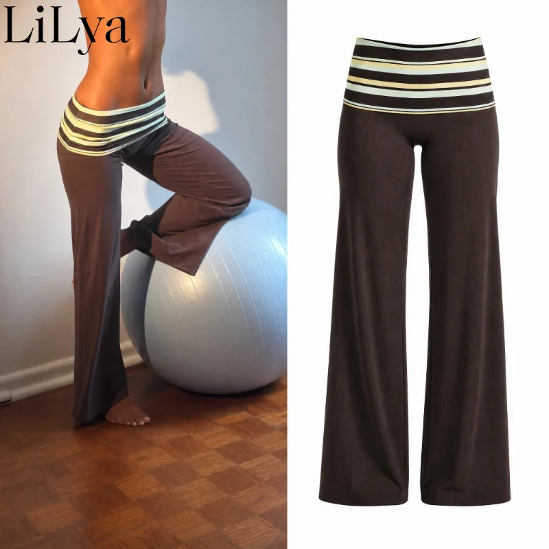Women Striped Contrast Coor Patchwork Fold Over Waist Trousers Long Pants Elastic Low Rise Wide Leg Bottoms Sports Pants Woman