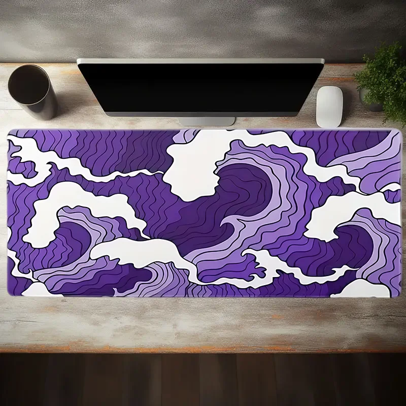 Purple and white ocean print gaming mouse pad, rubber sewn side long keyboard gaming pad Office mat large desk