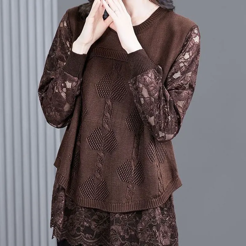 Stylish Vintage Lace Patchwork Knitted Blouse Spring Autumn Long Sleeve Female Clothing Round Neck Casual Loose Hollow Out Shirt