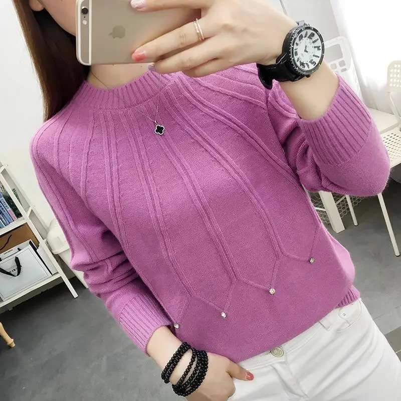 Fashion O-Neck Solid Color Diamonds Sweater Women\'s Clothing 2023 Spring New Loose Casual Pullovers All-match Korean Tops