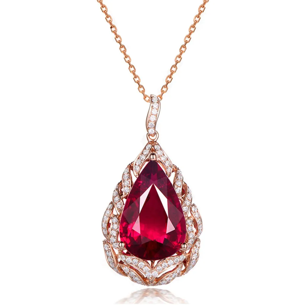 Big Red Gemstones Ruby Zircon Diamonds Water Drop Pendant Necklaces for Women 18k Rose Gold Filled Chain Fine Jewelry Gifts New