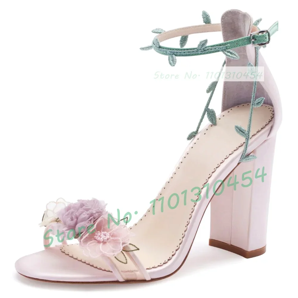 Flowers Block Heels Sandals With Leaves Strap Women Colorful Floral High Heels Pink Shoes Ladies Comfy Casual Party Dress Sandal