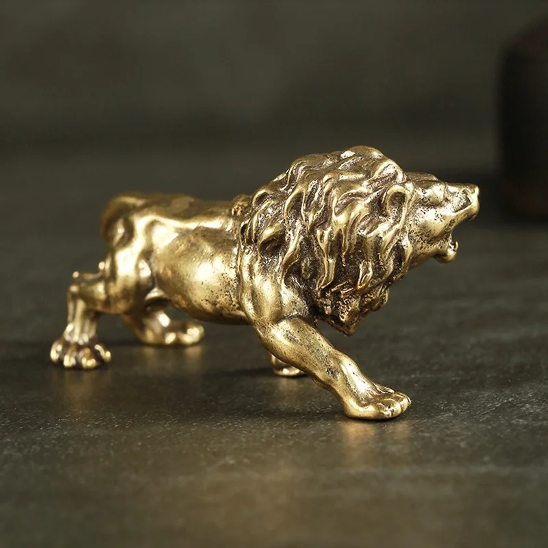 Antique Bronze Lion Statue Small Ornaments Solid Copper Mountain Lions Miniature Figures Brass Sculpture Crafts Decor