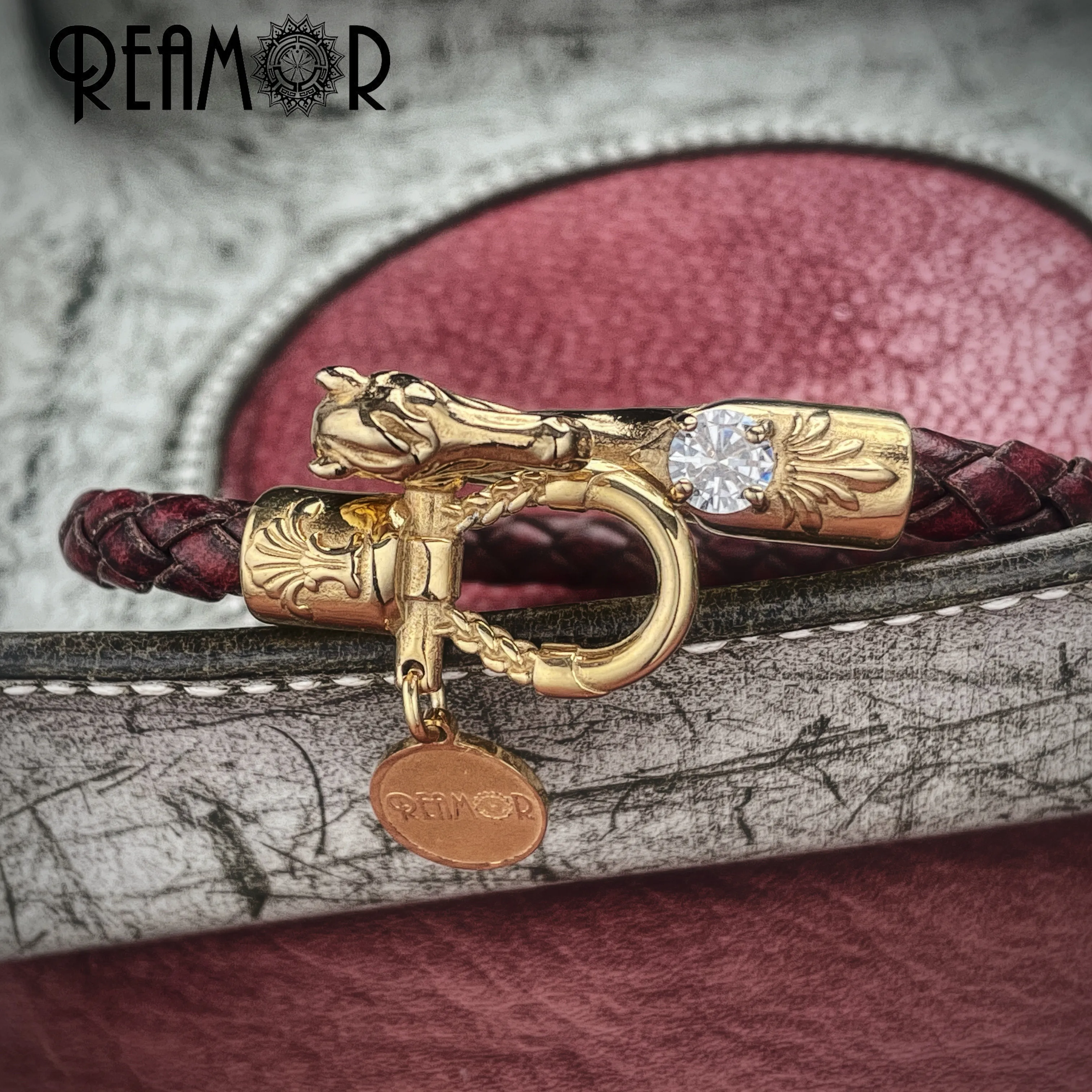 REAMOR Wild Horse Cuff Bangles Handcraft Inlay Zircon Vintage Stainless Steel Wire Genuine Leather Bridle Bracelet Men's Jewelry