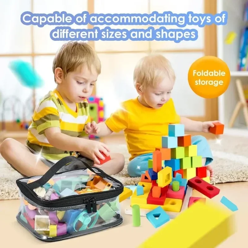 Transparent Large Toy Organizer Bag for Kids Puzzle Building Block Storage Bag with Handle PVC Waterproof Travel Cosmetic Pouch