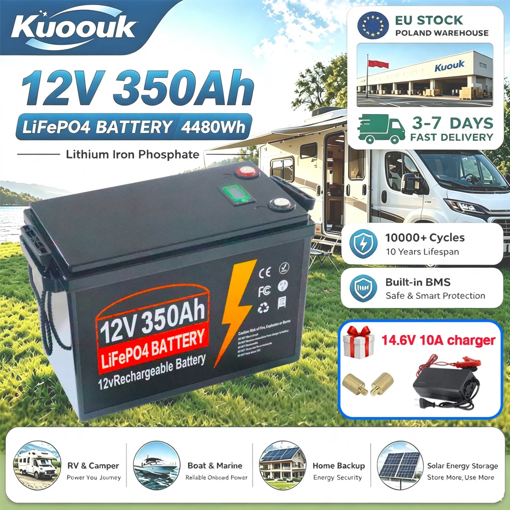 Image of 12V 350Ah LiFePO4 Lithium-Batterie mit Kuoouk-Zelle und integriertem 100A BMS, 4480Wh wiederaufladbare Lithium-Eisenphosphat-Batterie, für Wohnmobile, Camping und Yachten