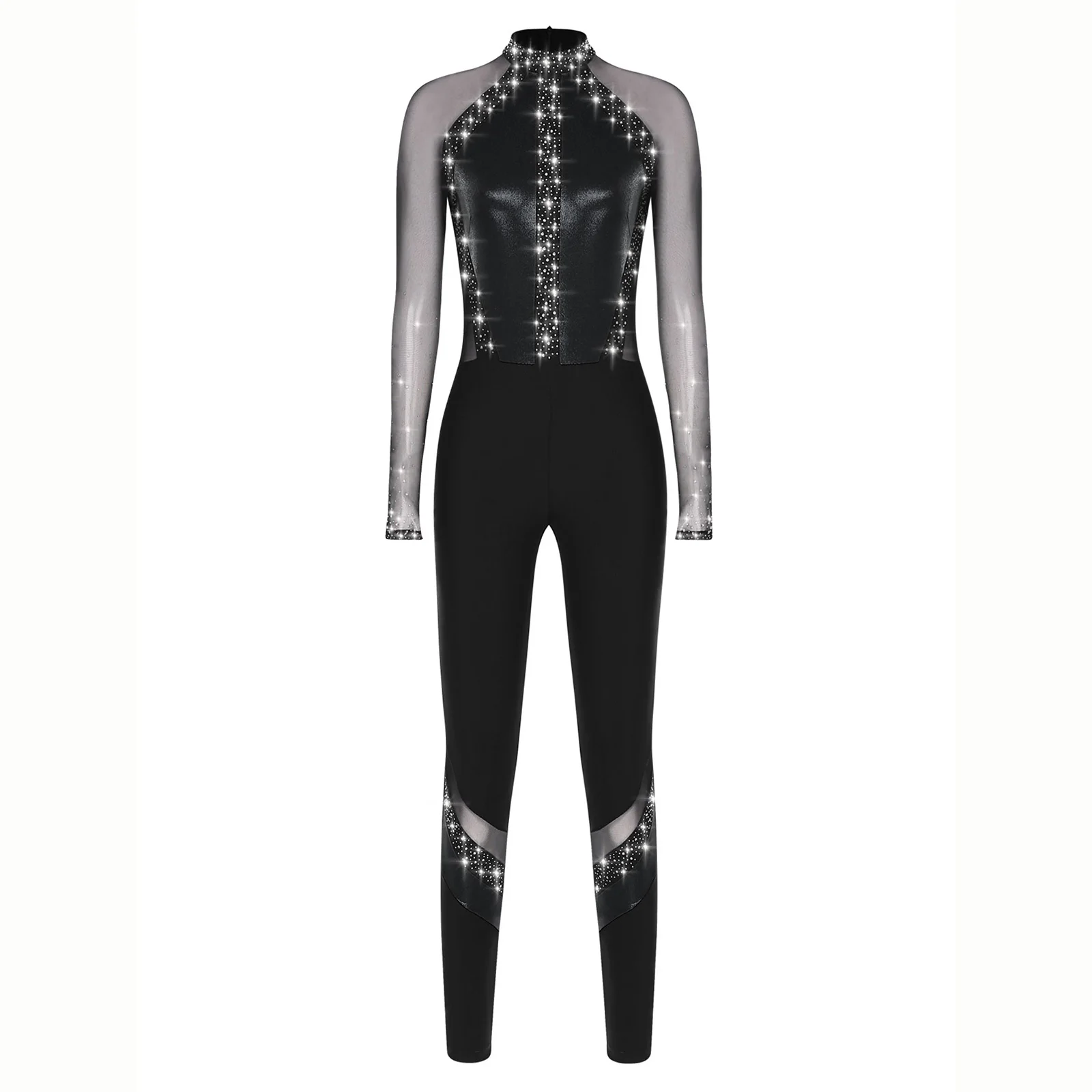 Dames ballet gymnastiek dans jumpsuit kunstschaatsen prestatie kostuum full body turnpakje met strass mesh lange mouw