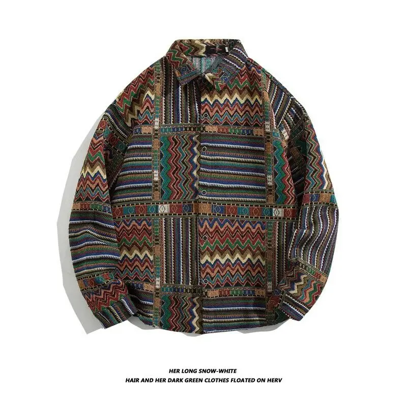 

Retro Japanese Ethnic Style Men's Long Sleeve Shirt Jacket Loose Casual Color Block Collar Flannel Outerwear for Autumn Winter