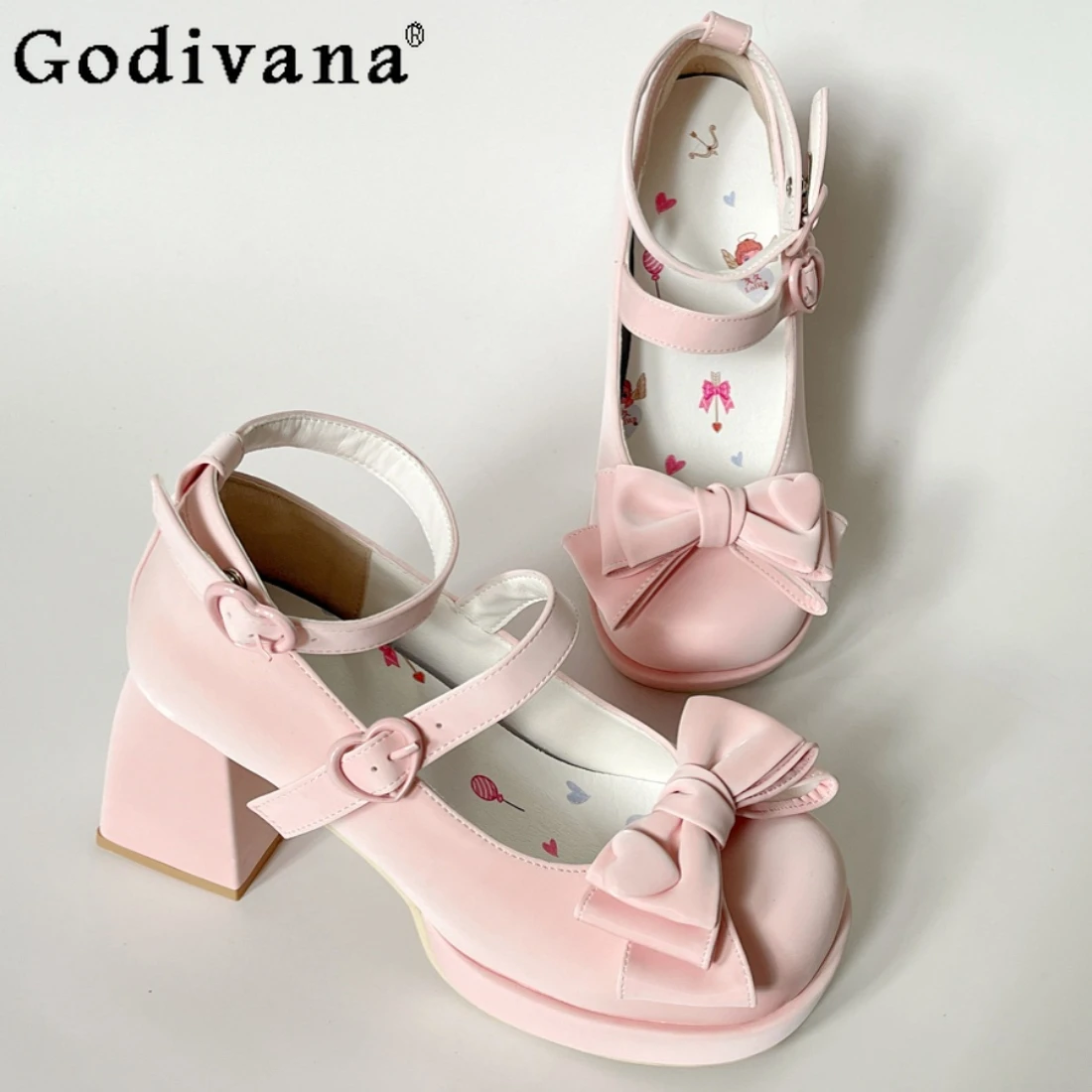 

Lolita Girls Shoes Sweet Bow Heart Thick Bottom High Heel Round Toe Girls' Sweet Cute Spring Summer Paltform Pumps