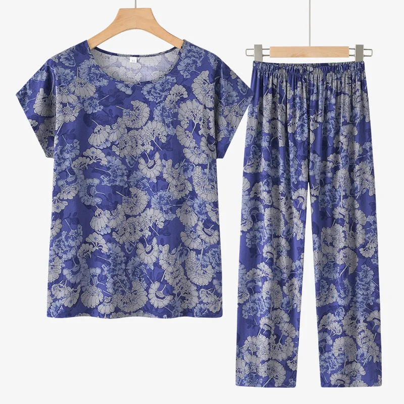 Pijama de verano para madre de mediana edad, ropa de dormir femenina, traje estampado, fino, fresco, para el hogar, para abuela, 4XL