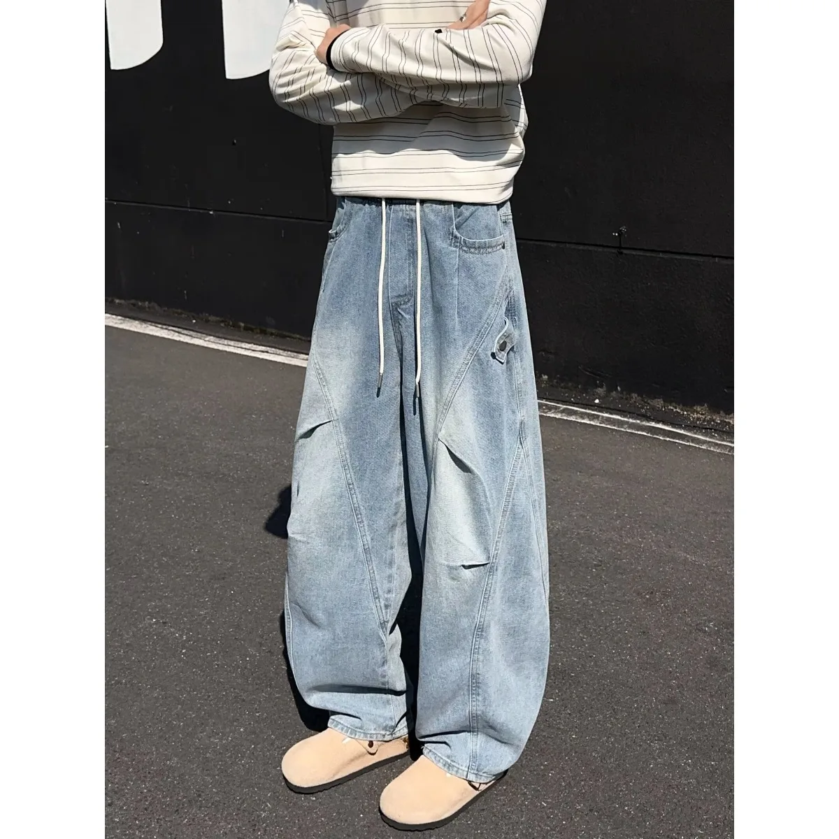 American Retro Wide Leg Men's Jeans Casual Loose Straight Cut Pants Cool Brand High End Feeling Handsome Men's Fashion